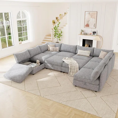 Miniatura 41 de 95.5" Sofá seccional modular de chenilla con almacenamiento oculto, sofá cama convertible en forma de L y U, sofá seccional moderno de 6 plazas