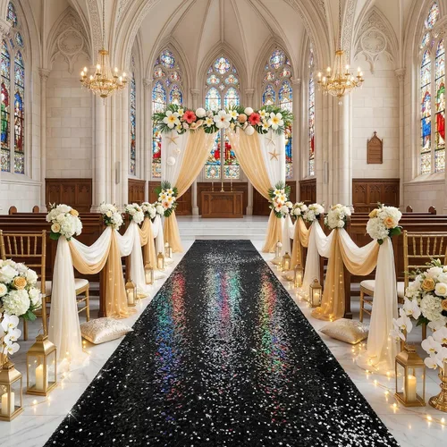 Miniatura 2 de Alfombra de pasillo de 2 x 15 pies para fiesta, alfombra de lentejuelas negras para decoración de baile de graduación, banquete brillante