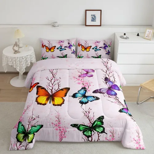 Miniatura 8 de Juego de ropa de cama de mariposa azul para adultos, mujeres y niñas, juego de edredón con estampado de lavanda morado, tamaño individual, diseño