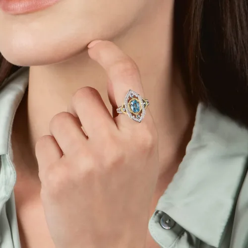 Miniatura 4 de Jewelili Enchanted Disney Fine Jewelry Anillo de plata de ley y oro amarillo de 10 quilates con diamante CTTW de 15 y topacio azul suizo y jazmín