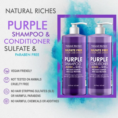 Miniatura 6 de Natural Riches Juego de champú y acondicionador morado para cabello rubio, plateado y gris, sin sulfatos, seguro para el color, elimina los tonos