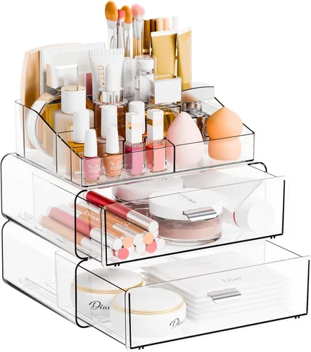 Miniatura 9 de Yieach Organizadores de maquillaje de 3 niveles en acrílico transparente con 2 cajones, soporte de maquillaje tiered de escritorio y organizadores