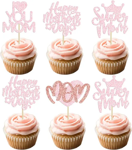 Miniatura 24 de Gyufise 1 pieza de decoración de pastel para el Día de la Madre con purpurina de corazón Love You Mom Cake Pick Rose Flower Best Mom Cupcake Decor