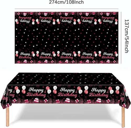 Miniatura 3 de MRJ Black Party Supplies - Paquete de 3 manteles de feliz cumpleaños con estrellas rosas y negras, decoraciones perfectas para fiestas de cumpleaños