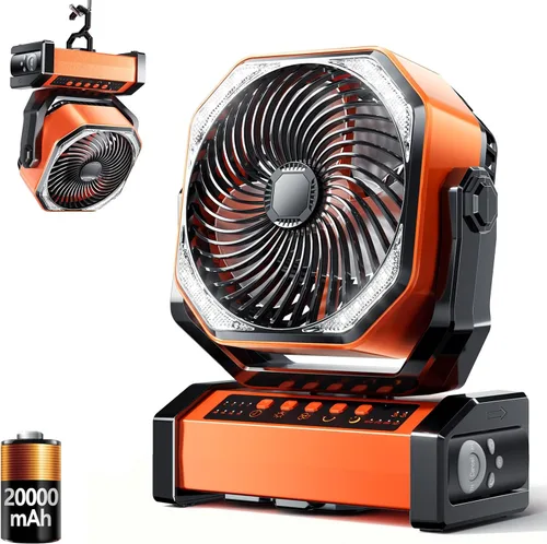 Miniatura 11 de Ventilador de campamento de 20000 mAh con luz LED, ventilador de escritorio oscilante automático con control remoto y gancho, ventilador de tienda