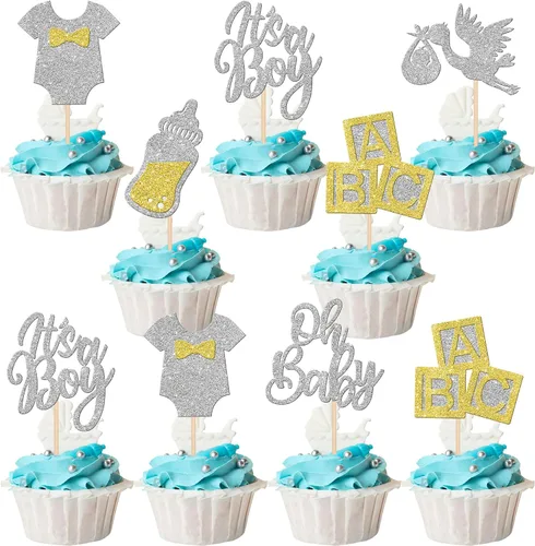 Miniatura 12 de 24 piezas de adornos para cupcakes para bebé niño con purpurina luna, estrella, baby shower, revelación de género, cupcakes para celebrar cumpleaños