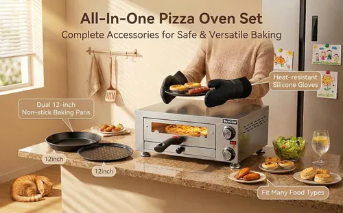Miniatura 6 de Horno eléctrico para pizza en interiores, máquina de pizza de encimera de 12 pulgadas con ventana de visión, horno de pizza comercial de acero
