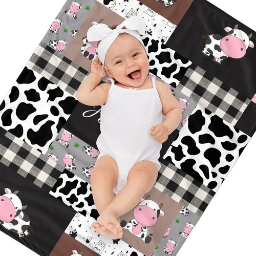 Miniatura 2 de Mantas de bebé personalizadas de vaca Minky con nombre, diseño de vaca lindo personalizado para niños y niñas, mantas de felpa suave con diseño a