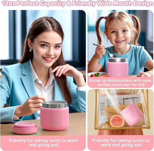 Miniatura 5 de JSCARES Frascos de Comida Aislados para Niños de 12oz para Comida Caliente, Frasco Térmico de Comida de Sopa de Boca Ancha Contenedor Térmico de Rosa