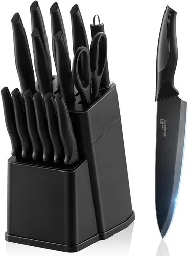 E-far Juego de cuchillos con bloque, juego de 15 piezas de cuchillos de cocina con afilador, juego de cuchillos de chef de acero inoxidable de alto