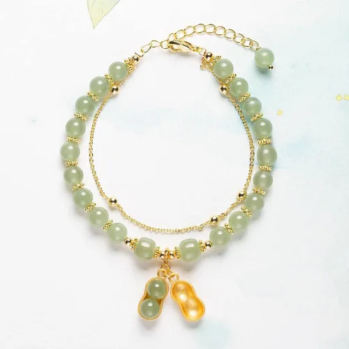 Miniatura 3 de SJDOFU Pulsera de cuentas de jade Hetian Jade Peanut Colgante Pulsera elástica para mujer (verde claro), Esmeralda, Jade