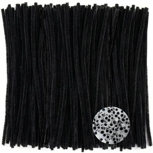 Limpiadores de pipas negros con ojos ondulantes (paquete de 300) tallos de felpilla para decoración de manualidades y manualidades creativas (0.24 x
