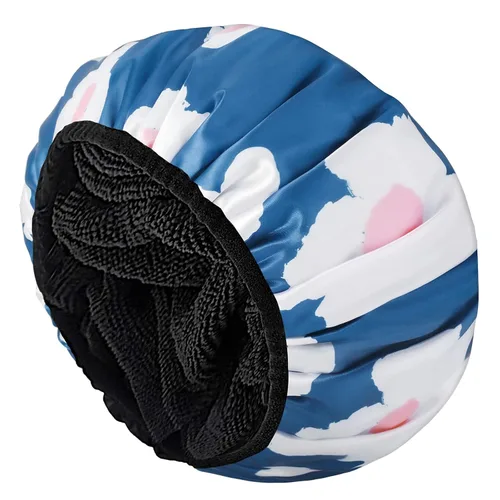 Miniatura 14 de Aquior Gorro de ducha con forro de rizo para mujer, reutilizable, triple capa impermeable, extra grande para mujeres de pelo largo (negro)