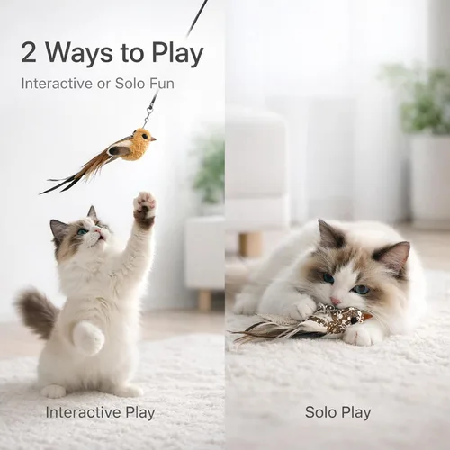Miniatura 5 de 11 piezas de recargas realistas de juguetes de pájaros para gatos – Juguetes de plumas hechos a mano para gatos con campana, accesorios de varita