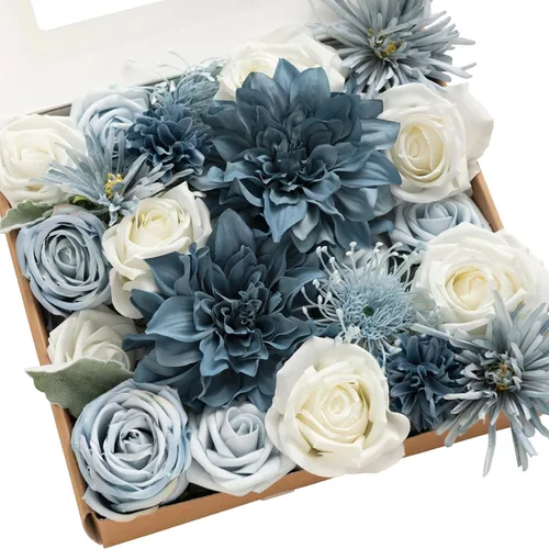 Miniatura 31 de Ling's moment Caja de Flores Falsas, Tallos de Vegetación Artificial Falsa Rosas de Espuma Dalias de Seda Hojas de Rosa Flor de Tela para Centros