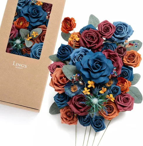 Miniatura 17 de Ling's moment Caja de Flores Falsas, Tallos de Vegetación Artificial Falsa Rosas de Espuma Dalia Hortensia de Seda Peonía Flor de Tela para Centros