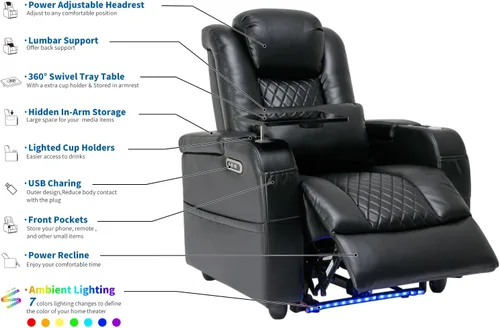 Miniatura 4 de Airadlis Asientos de cine en casa, sillas de cine de doble potencia, sofá reclinable de teatro con iluminación ambiental de 7 colores, almohada