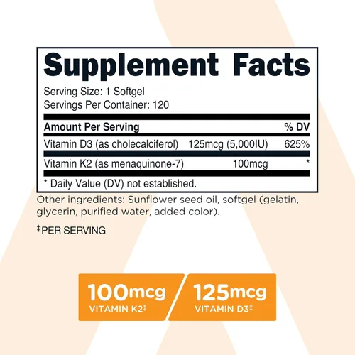 Miniatura 2 de TransformHQ Vitamina K2 (MK7) (100 mcg) + vitamina D3 (5000 UI) 120 cápsulas blandas, sin gluten y sin OMG