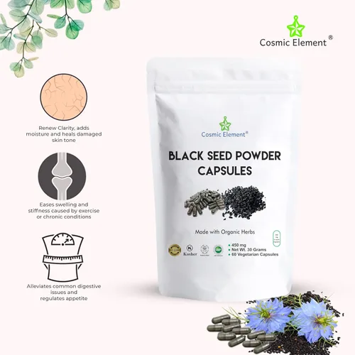 Miniatura 4 de Cosmic Element Cápsulas de polvo de semillas negras 100% puras orgánicas, veganas Nigella Sativa 450 mg de semillas de comino negro por porción