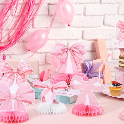 Miniatura 6 de 12 centros de mesa de nido de abeja con lazo rosa, decoración de cumpleaños con temática de coqueta, decoraciones de fiesta de lazo para cumpleaños
