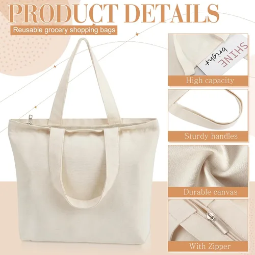 Miniatura 3 de Epakh - Bolsa de lona con cremallera, reutilizable en gran cantidad, grande, de algodón en blanco para compras de comestibles para mujeres, hombres