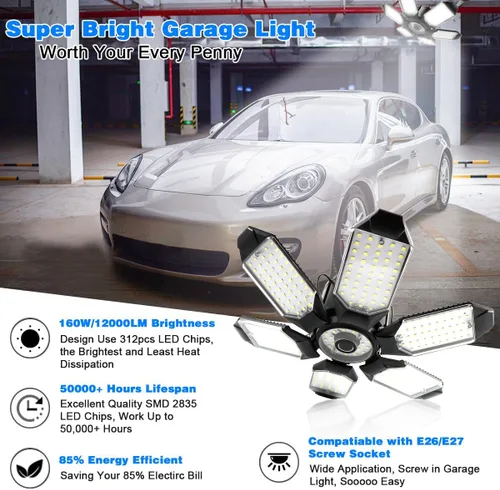 Miniatura 2 de Luz LED de garaje – Bombilla de garaje de 160 W, 64000 lúmenes, 6500 K, iluminación de garaje súper brillante con 6 paneles deformables, luces