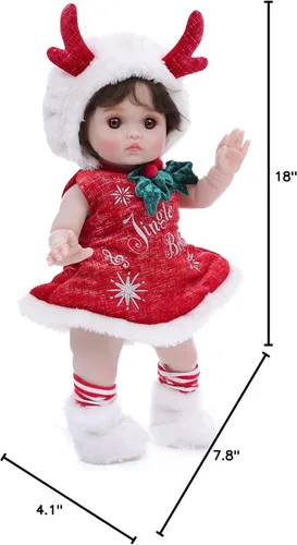 Miniatura 10 de Muñecas de bebé, 18 pulgadas realista Reborn Full Vinyl Baby Doll con pelo rizado marrón, pecas pintadas a mano y acogedor traje rojo para niñas a