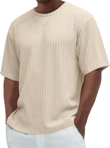 Camiseta de algodón pesado para hombre, cuello redondo, manga corta, elegante, de punto acanalado, grande y alta, holgada
