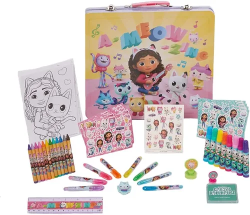 Innovative Designs DreamWorks Gabby's Dollhouse - Juego de actividades de lujo con lata de transporte, hojas para colorear, tatuajes, calcomanías y