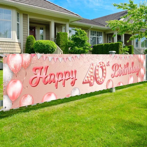Cartel de feliz cumpleaños número 40 color oro rosa, telón de fondo con globos de confeti para mujeres de 40 años, suministros de fiesta de