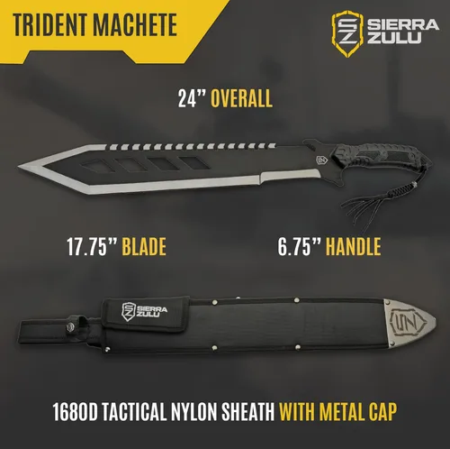 Miniatura 3 de Sierra Zulu Trident Machete - Acero inoxidable, 24.0 pulgadas en general, hoja modificada Tanto con borde trasero de diente de sierra, funda táctica
