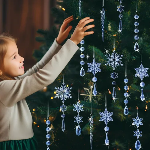 Miniatura 2 de GuassLee 36 piezas Adornos de Cristal para Árbol de Navidad - Copos de Nieve Acrílicos Azules Carámbanos Gota Cristal Adornos Colgantes para Árbol