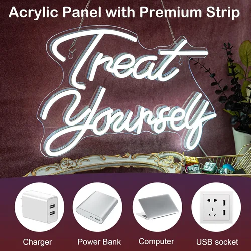 Miniatura 6 de Letreros de neón Treat Yourself LED blanco para pared de dormitorio luces de neón con letras letreros de boda decoración de habitación de neón