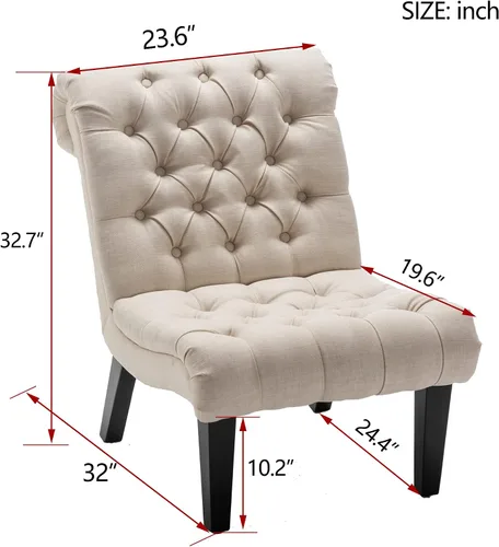 Miniatura 2 de Silla decorativa moderna para dormitorio, sala de estar, silla lateral tapizada con botones y sin brazos con patas de madera maciza, tela crema