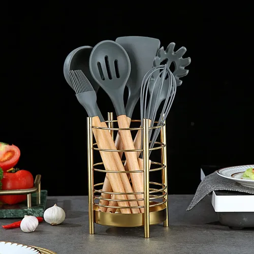 Miniatura 5 de Soporte dorado para utensilios de cocina para encimera de cocina, utensilios de acero inoxidable, revestimiento de titanio dorado, organizador de 3.