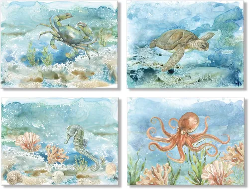 Miniatura 14 de Arte de Lienzo de Pulpo para Pared Pintura Temática de Vida Oceánica Imagen de Animal Marino Azul y Dorado Obra de Arte Costera Imagen de Pulpo