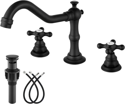 gotonovo Grifo de baño de 3 agujeros y 8 pulgadas, grifo de lavabo de baño extendido, 2 asas cruzadas, grifo mezclador vintage con drenaje Negro mate