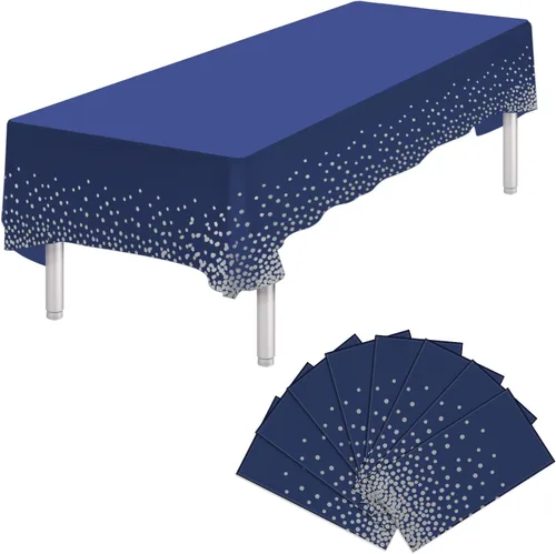 Miniatura 30 de Paquete de 4 manteles de plástico desechables azules y dorados para mesa rectangular, manteles desechables de 54 x 108 pulgadas, manteles