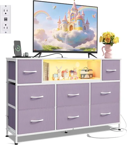 Miniatura 13 de WLIVE - Soporte de TV con cómoda en negro para TV de 45, 50, 55 pulgadas, centro de entretenimiento con luces LED y estación de carga, cómoda con 8