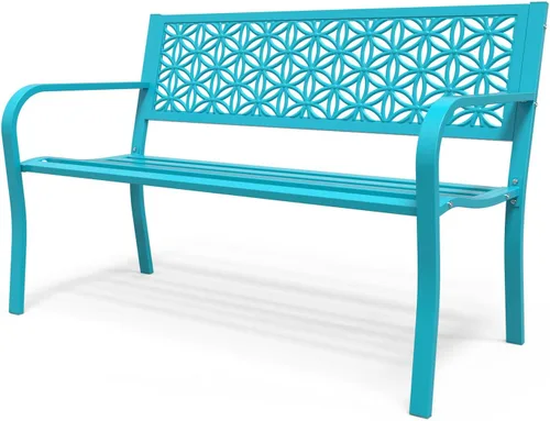 Miniatura 13 de VINGLI Banco de metal para exteriores de 50 pulgadas con respaldo floral, banco de jardín delantero para patio, entrada, parque exterior, capacidad