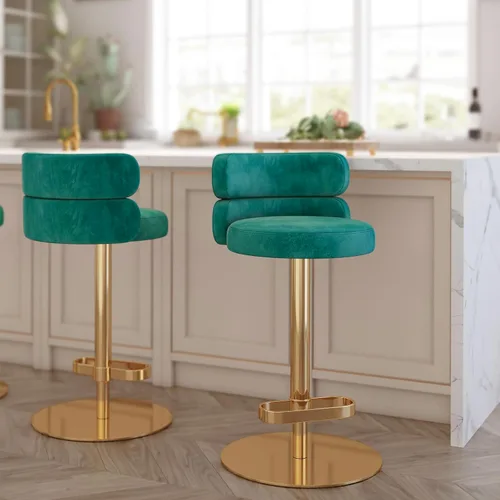 Miniatura 16 de Taburetes de bar de terciopelo modernos giratorios de altura ajustable para encimera de cocina, taburetes de bar con reposapiés para sala de estar