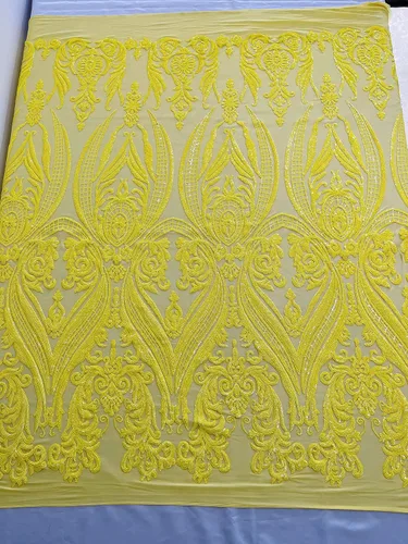 Miniatura 2 de Telón de fondo King INC Empire Damask Design con lentejuelas bordadas en una tela de malla elástica de 4 vías (amarillo brillante)