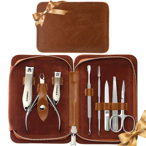 Miniatura 14 de FAMILIFE - Kit de manicura profesional para uñas, 11 en 1, de acero inoxidable, con estuche de viaje portátil de cuero negro, regalos de lujo para él