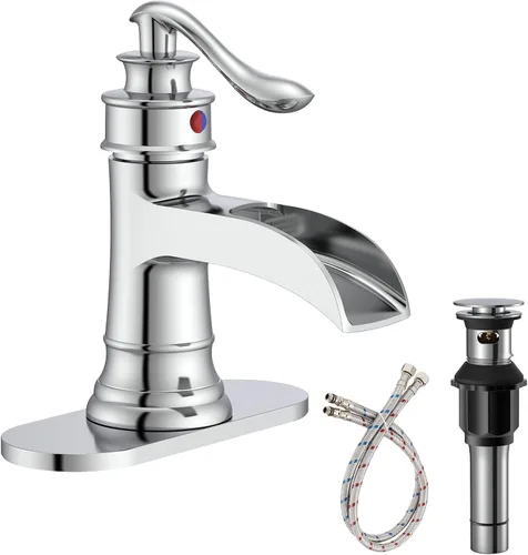 Miniatura 13 de Homevacious Grifo de lavabo de baño con cascada, monocontrol, negro mate y níquel cepillado, grifo mezclador para lavamanos, un orificio, palanca