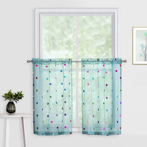 Cortinas traslúcidas azules para cocina, 24 pulgadas, multicolor, brillantes, metálicos, lunares, impresos, para comedor, cafetería, baño, sótano, 2