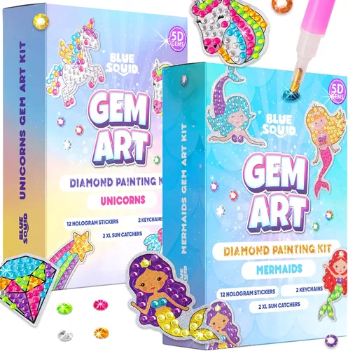 Blue Squid Kits de arte de diamantes para niños, unicornio y sirena, divertido y fácil, kit de pintura de diamantes 5D para niños, kit de arte de