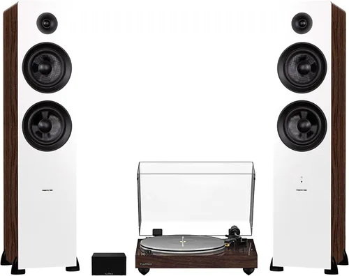 Fluance RT85N Reference High Fidelity Vinyl Turntable (Walnut), PA10 Phono Preamp and Ai81 Powered Floorstanding Speakers (White Walnut), Nagaoka