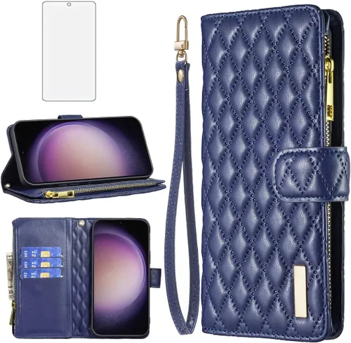 Asuwish Funda de teléfono para Samsung Galaxy S23 Plus 5G Funda tipo cartera con protector de pantalla de vidrio templado y tarjetero de cuero con