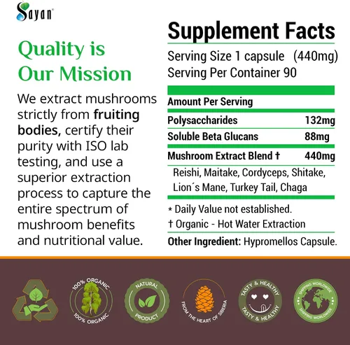 Miniatura 6 de Sayan 7 Extracto de hongos 90 cápsulas/440 mg ea – Apoyo inmunológico y energía – Chaga orgánico, Reishi, melena de león, maitake, shiitake, mezcla