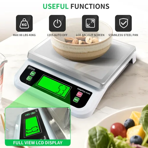 Miniatura 5 de Gran báscula digital de cocina 40kg/88lbs, báscula comercial de alimentos con función de tara y PCS para piezas y monedas, pantalla LCD, báscula